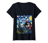 Mujer Dibujos Animados de Gatitos Noche Estrellada/Gato Pintura Divertido Camiseta Cuello V