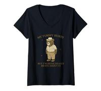 Mujer Dibujos animados de oso triste: me duele la barriga pero estoy siendo muy valiente Camiseta Cuello V
