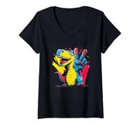 Mujer Dibujos Animados Dinosaurio Signo de Paz Retro Pop gráfico Gesto Divertido Camiseta Cuello V