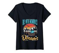 Mujer Die with Memories Not Dreams Retro Sunset Camping Senderismo Camiseta Cuello V