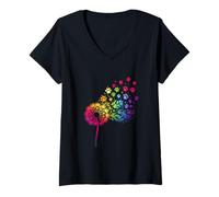 Mujer Diente de león pata perro gato amante mascota dueño animal colorido Camiseta Cuello V