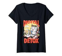 Mujer Digital Detox Cat Reading Book Unplug Relajante Amante Felino Camiseta Cuello V
