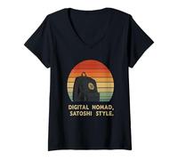 Mujer Digital Nomad Bitcoin Viaje Libertad Arte Vida Remota Bitcoin Camiseta Cuello V