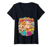 Mujer Dim Sum Hong Kong Yum Cha Cantonés Estilo Cómic Grafiti Camiseta Cuello V