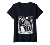 Mujer Dinosaur Skeleton in Haunted Forest Fantasy Illustration Camiseta Cuello V