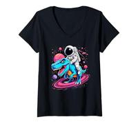 Mujer Dinosaurio Astronauta Montando un T-Rex en el Espacio Camiseta Cuello V