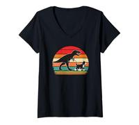 Mujer Dinosaurio Caminando Bernedoodle Retro Sunset Funny Dog Camiseta Cuello V