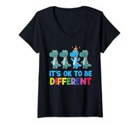 Mujer Dinosaurio de concienciación sobre el Autismo para niños está Bien ser Diferente Camiseta Cuello V