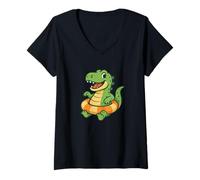 Mujer Dinosaurio Feliz con Anillo de Piscina de Vacaciones para niños y niñas Camiseta Cuello V