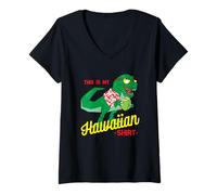 Mujer Dinosaurio Hawaiano Bebiendo Coco cóctel Divertido Hawaii Camiseta Cuello V