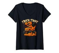 Mujer Dinosaurio Monster Truck Or Treat Trex Calabaza de Halloween Camiseta Cuello V
