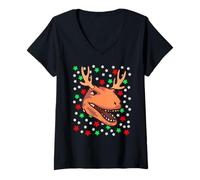 Mujer Dinosaurio Navideño con Astas y Copos Divertido Camiseta Cuello V