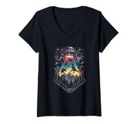 Mujer Dinosaurio OVNI Abduction Funny Alien Retro Sci Fi Design Camiseta Cuello V