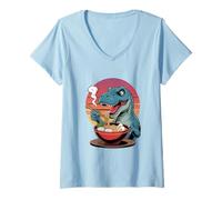 Mujer Dinosaurio T-Rex disfrutando de Fideos Ramen japoneses Kawaii Camiseta Cuello V
