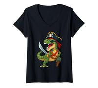 Mujer Dinosaurio T Rex Pirata Jolly Roger Tyrannosaurus Halloween Camiseta Cuello V