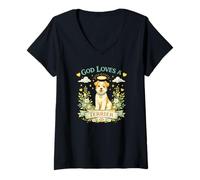 Mujer Dios ama a un Terrier Lindo Perro ángel Floral Camiseta Cuello V