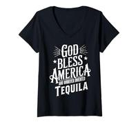 Mujer Dios Bendiga a América y Tequila Citas Divertidas de Meme Beber Camiseta Cuello V