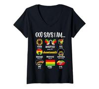 Mujer Dios dice que soy cristiano Melanina Historia negra Juneteenth Camiseta Cuello V