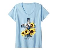 Mujer Dios es bueno Cruz Girasoles Mariposas Christian Camiseta Cuello V