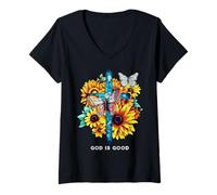 Mujer Dios es bueno Cruz Girasoles Mariposas Christian Camiseta Cuello V