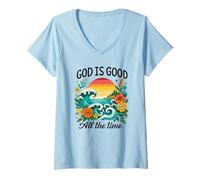 Mujer Dios es Bueno Todo el Tiempo Verso bíblico Cristiano Linda Playa Camiseta Cuello V