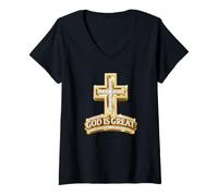 Mujer Dios es Gran Fe Cruz Espíritu Positivo Creer Religioso Camiseta Cuello V