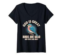 Mujer Dios es Grande, los pájaros Son Buenas Personas, Locos y Divertidos, Amantes de los pájaros. Camiseta Cuello V