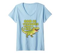 Mujer Dios es más Fuerte Que un Trex Cute Dino Kids Christianity Camiseta Cuello V