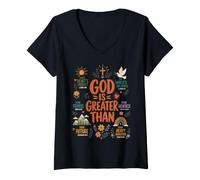 Mujer Dios es más Grande Que la fe Cristiana Escrituras Afirmaciones Camiseta Cuello V