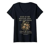 Mujer Dios es mi Refugio y mi Fortaleza Salmo 91 Bajo Sus alas Camiseta Cuello V
