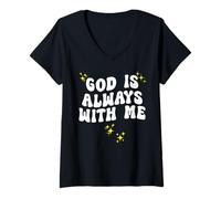 Mujer Dios está siempre conmigo Camiseta Cuello V