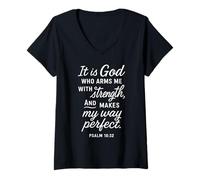Mujer Dios me Arma con Fuerza Salmo 18:32 Versículo bíblico Escritura Camiseta Cuello V