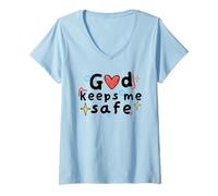 Mujer Dios me Mantiene a Salvo Doodle Kid Cristianismo Fe Religioso Camiseta Cuello V