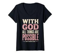 Mujer Dios Todas Las Cosas Son posibles Mateo 19:26 Versículo de la Biblia Camiseta Cuello V