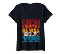 Mujer Dios va Antes de ti Deuteronomio 31:8 Cristiano Vintage Camiseta Cuello V