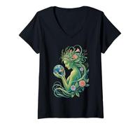 Mujer Diosa de la Tierra sosteniendo un Globo Floral Naturaleza Camiseta Cuello V