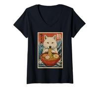 Mujer Dire Wolf Comiendo Ramen Kawaii Anime Pet Dire Wolf Foodie Art Camiseta Cuello V
