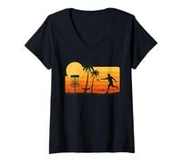 Mujer Disc Golf Tropical Sunset Palm Trees Beach Graphic Camiseta Cuello V