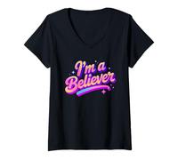 Mujer Disco Vintage con diseño de I Am a Believer, para Fiestas y Bailes, Color Rosa Camiseta Cuello V