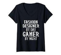 Mujer Diseñador de Moda por día Gamer by Night Street Wear Trend Camiseta Cuello V