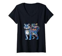 Mujer Diseño Abstracto Colorido de la Camiseta del espíritu del Tigre Que Fluye Camiseta Cuello V