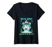 Mujer Diseño Arctic Gamer Pixel Art Retro 8-bit Winter Geek Camiseta Cuello V