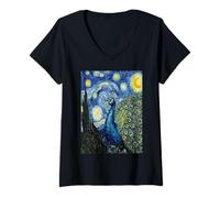 Mujer Diseño artístico de un Pavo Real Estrellado de Van Gogh Camiseta Cuello V