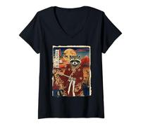 Mujer Diseño artístico japonés de Mapache Samurai Fuji Ukiyo-e Camiseta Cuello V