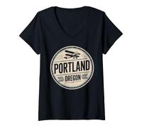 Mujer Diseño Circular de avión Vintage de Portland Oregon Camiseta Cuello V