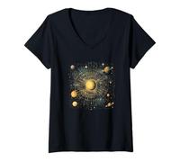 Mujer Diseño cósmico de planetas del sistema solar dorado Camiseta Cuello V