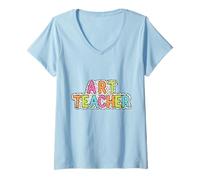 Mujer Diseño creativo del profesor de arte con letras coloridas Camiseta Cuello V