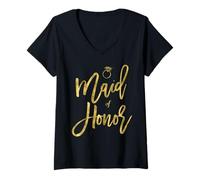 Mujer Diseño de Anillo de Compromiso con guión de Dama de Honor Camiseta Cuello V