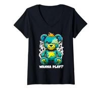 Mujer Diseño de Arte Callejero de Wanna Play Scary Teddy Bear Camiseta Cuello V