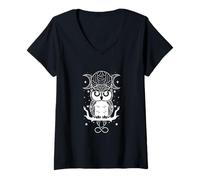Mujer Diseño de búho místico con luna y estrellas Camiseta Cuello V